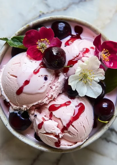 Cherry blossom ice cream in a cup with cherry flower garnish