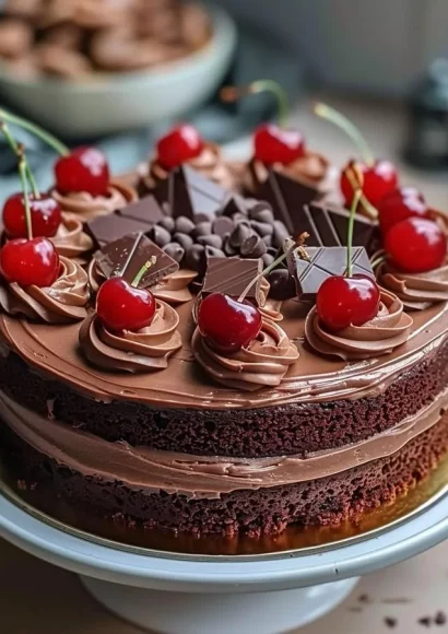 Delicious Cherry-Chocolate Delight Cake topped with fresh cherries and chocolate ganache.