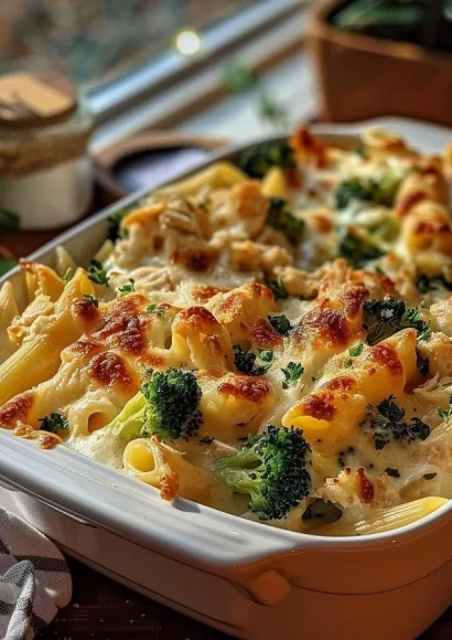 Delicious Chicken and Broccoli Baked Alfredo served in a creamy sauce