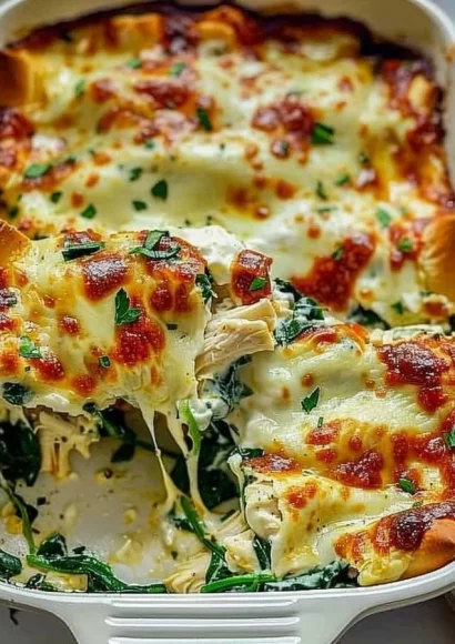 Delicious Chicken Spinach Casserole with cream cheese served in a baking dish