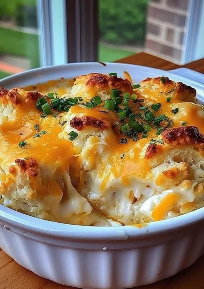 Delicious Chicken Biscuit Casserole topped with flaky biscuits and rich chicken filling