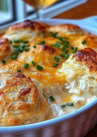 Delicious Chicken Biscuit Casserole served hot with flaky biscuits