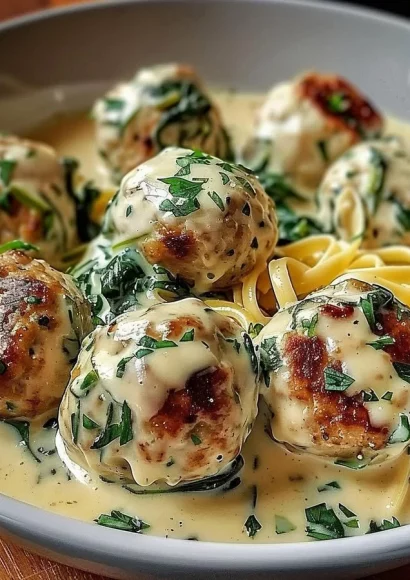 Chicken Ricotta Meatballs served with Spinach Alfredo Sauce on a plate