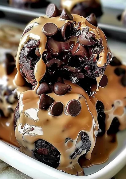 Delicious chocolate chip cookie dough brownie bombs on a baking tray