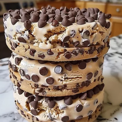 Delicious chocolate chip cookie dough ice cream sandwiches stacked together