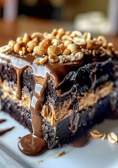 Delicious chocolate peanut butter poke cake topped with creamy frosting.