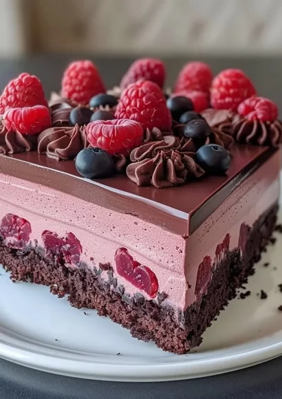 Decadent Chocolate Raspberry Mousse Cake with fresh raspberries and chocolate garnish.