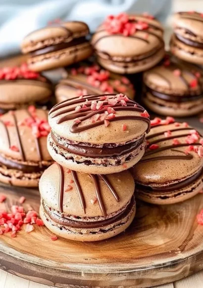 Chocolate strawberry macarons decorated with fresh strawberries.
