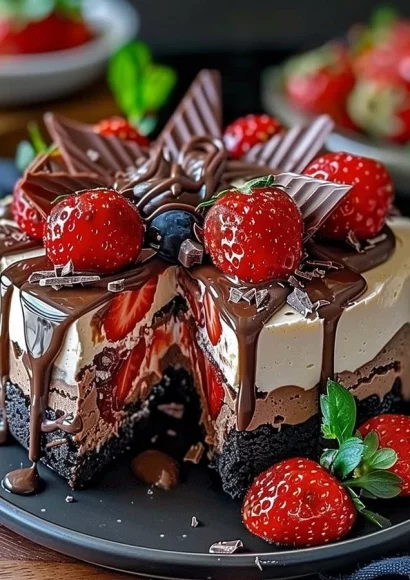 Chocolate strawberry swirl cheesecake topped with fresh strawberries and chocolate drizzle.