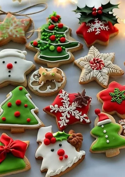 A tray of beautifully decorated Christmas sugar cookies with festive designs.