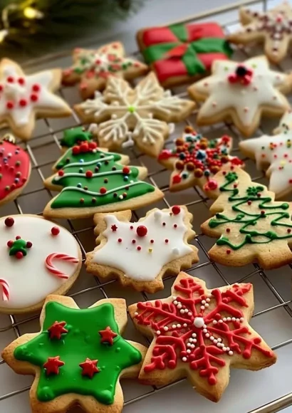 Beautifully decorated Christmas sugar cookies on a festive table