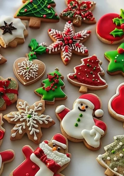 Freshly baked Christmas sugar cookies decorated with icing and sprinkles