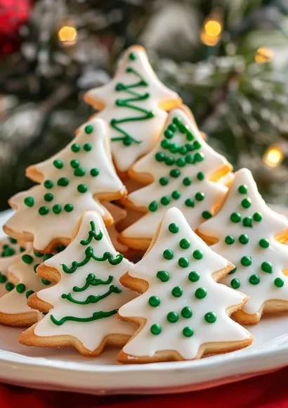 Festive Christmas tree-shaped sugar cookies decorated with icing and sprinkles