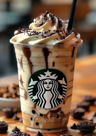 Delicious Cookies & Cream Frappuccino topped with whipped cream and chocolate drizzle