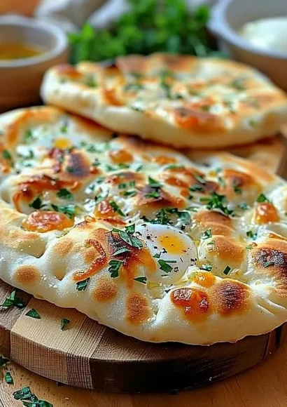Homemade cottage cheese flatbread served with fresh herbs and vegetables.