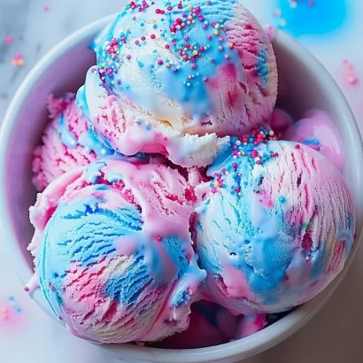 A colorful scoop of cotton candy ice cream served in a cone.