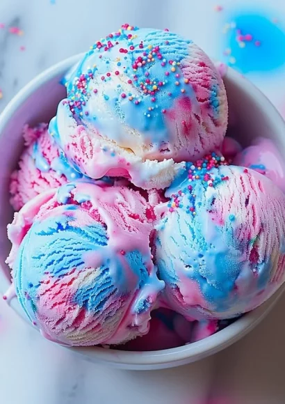 A colorful scoop of cotton candy ice cream served in a cone.