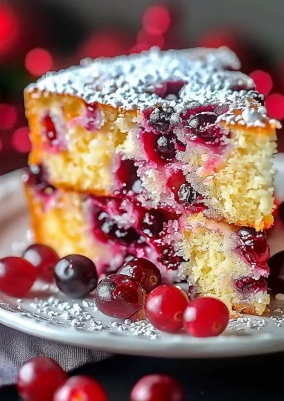 A slice of cranberry orange cake garnished with cranberries and orange zest