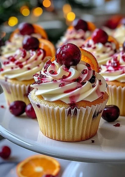 Cranberry Orange Cupcakes topped with white chocolate frosting