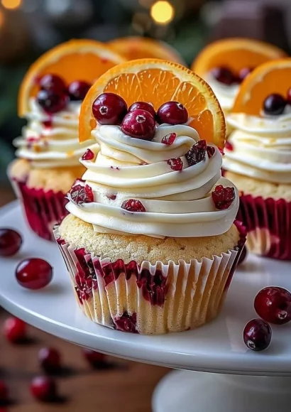 Delicious Cranberry Orange Cupcakes topped with white chocolate.