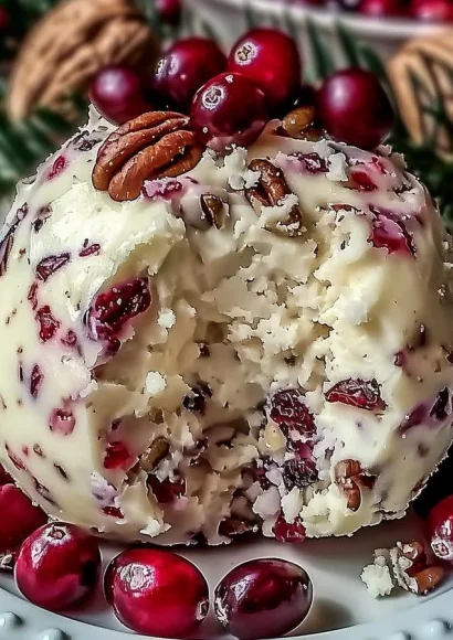 Cranberry Pecan Cheese Ball garnished with nuts and cranberries on a serving platter