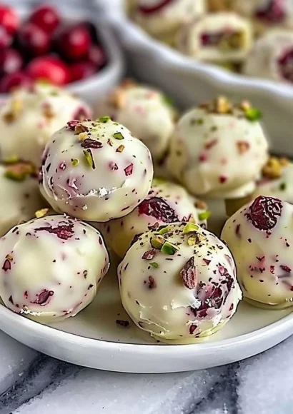 Delicious Cranberry Pistachio White Chocolate Truffles on a decorative plate