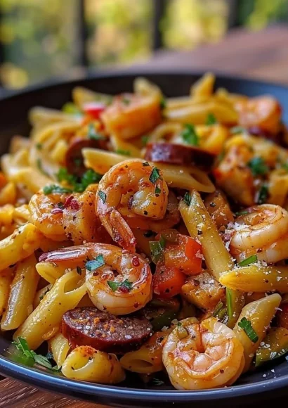 Creamy Cajun pasta with shrimp and spicy sausage served in a bowl