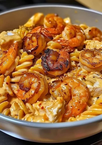 Creamy Cajun shrimp and chicken pasta served in a bowl