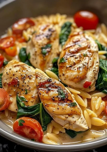 Creamy chicken orzo with spinach and tomatoes served in a bowl