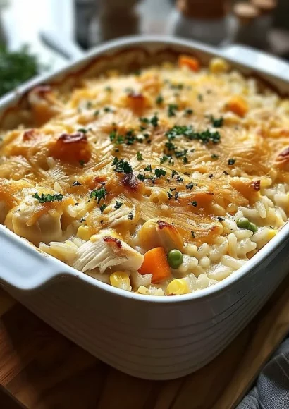 Creamy chicken rice casserole with vegetables in a baking dish