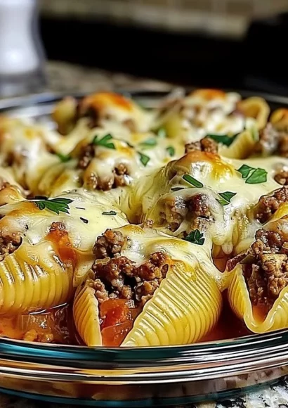 Creamy Ricotta Beef Stuffed Shells topped with marinara sauce