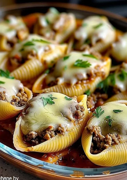 Creamy ricotta beef stuffed shells pasta served on a plate