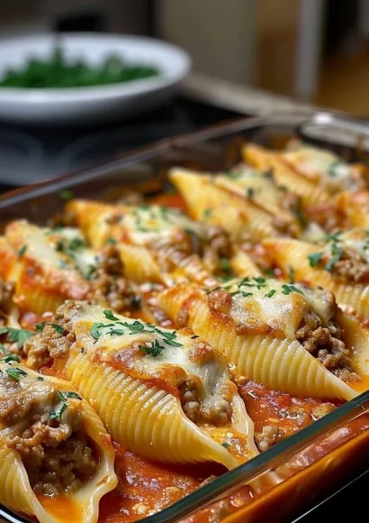 Creamy ricotta beef stuffed shells pasta served on a plate