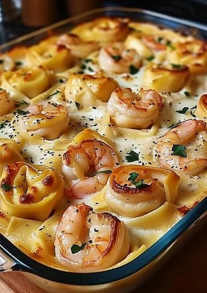 Creamy shrimp tortellini Alfredo casserole served in a baking dish