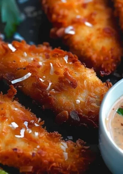 Delicious crispy coconut chicken tenders served with dipping sauce