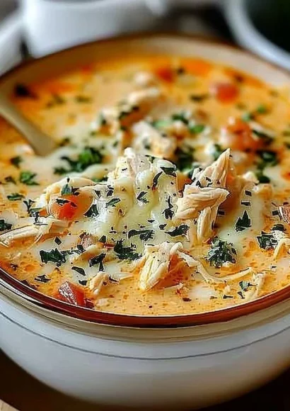 Bowl of Crock Pot Creamy Chicken Parmesan Soup garnished with parsley.
