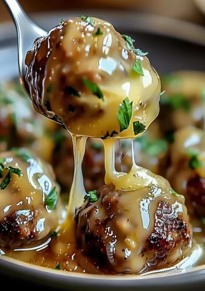 Crock Pot French Onion Meatballs served with melted cheese and herbs
