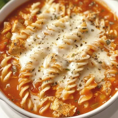 Crockpot Chicken Parmesan Soup in a bowl, garnished with parsley and cheese