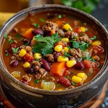 A bowl of delicious Crockpot Cowboy Soup filled with beans, veggies, and meat.
