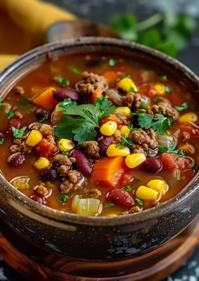 A bowl of delicious Crockpot Cowboy Soup filled with beans, veggies, and meat.