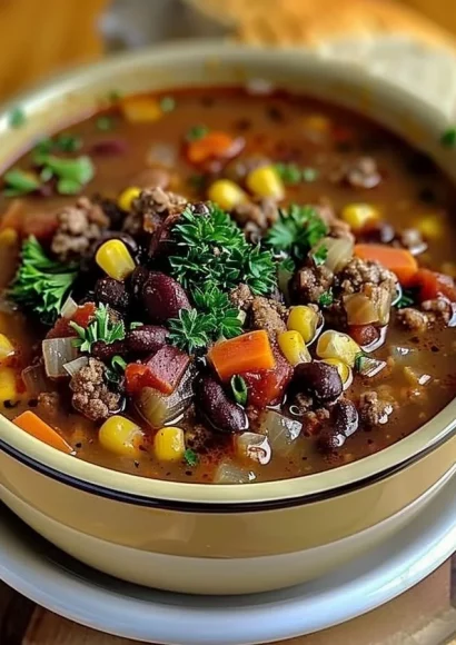 Delicious bowl of Crockpot Cowboy Soup with vegetables and beef