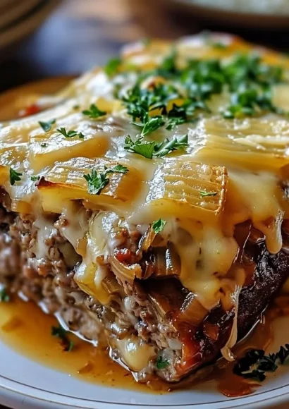 Crockpot French Onion Meatloaf topped with melted Swiss cheese