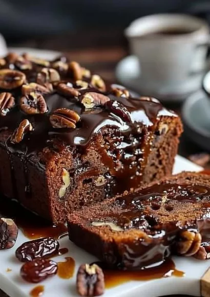 Delicious date coffee loaf cake topped with walnuts and espresso glaze