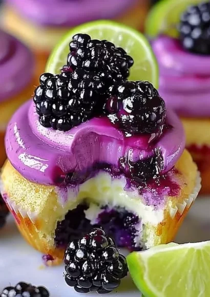 Decadent blackberry lime cheesecake cupcakes topped with fresh berries.