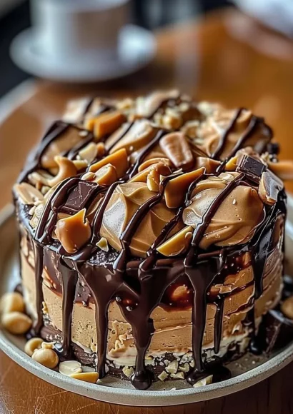Dessert featuring a rich chocolate peanut butter blend topped with chocolate drizzle