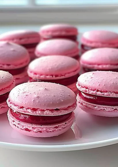 Delicious raspberry macarons with a sweet and tangy filling