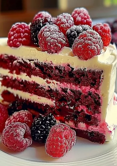 Delightful white chocolate raspberry cake garnished with fresh raspberries.