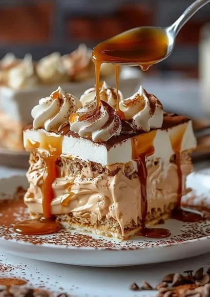 Delicious dulce de leche tiramisu dessert with layers of coffee and cream
