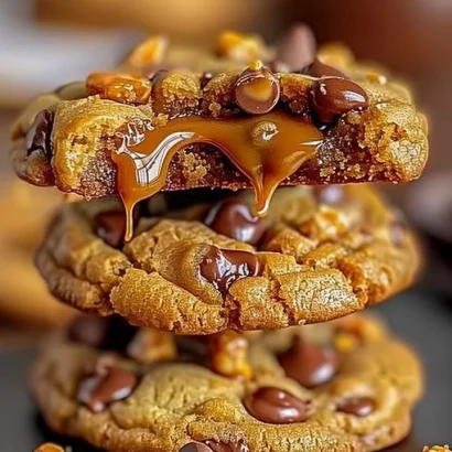 Easy Butterfinger Caramel Crunch Cookies with melted caramel topping.