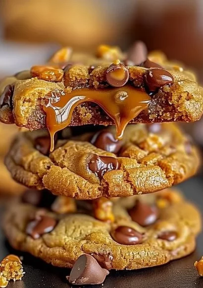Easy Butterfinger Caramel Crunch Cookies with melted caramel topping.